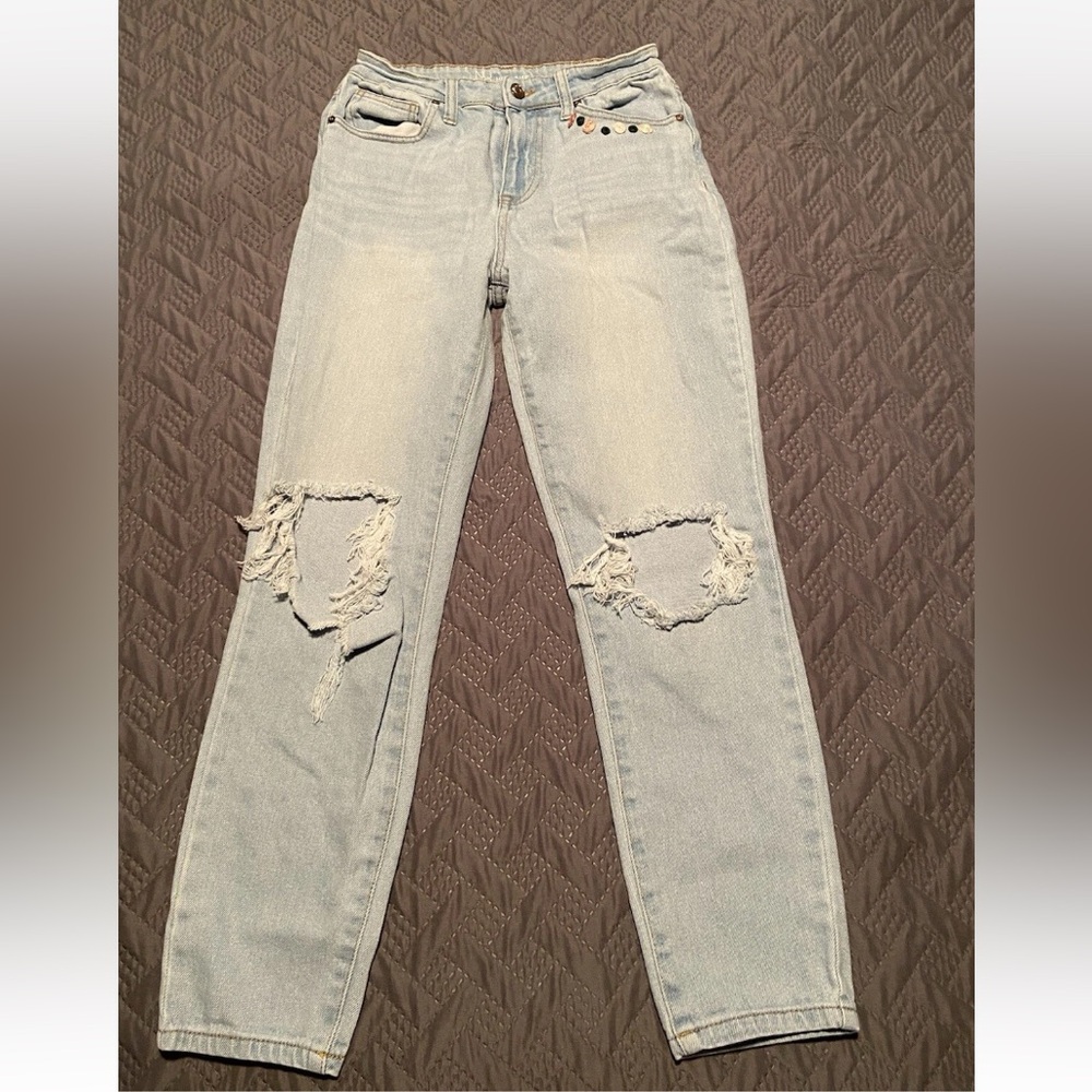 Nobo Women's Junior Size 5 High Rise Distressed Denim Jeans w/ Hand Embroidered